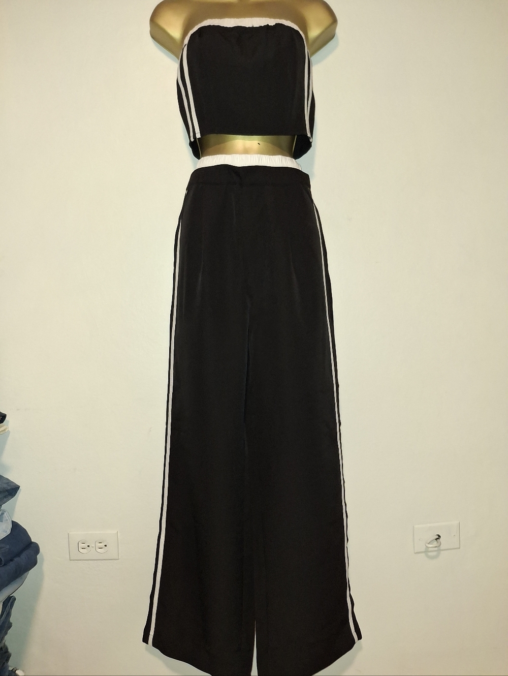 Women’s Black Wide-Leg Track Pants with White Stripe